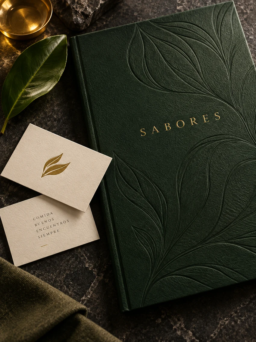 Identidad de restaurante en papel verde bosque con detalles dorados.