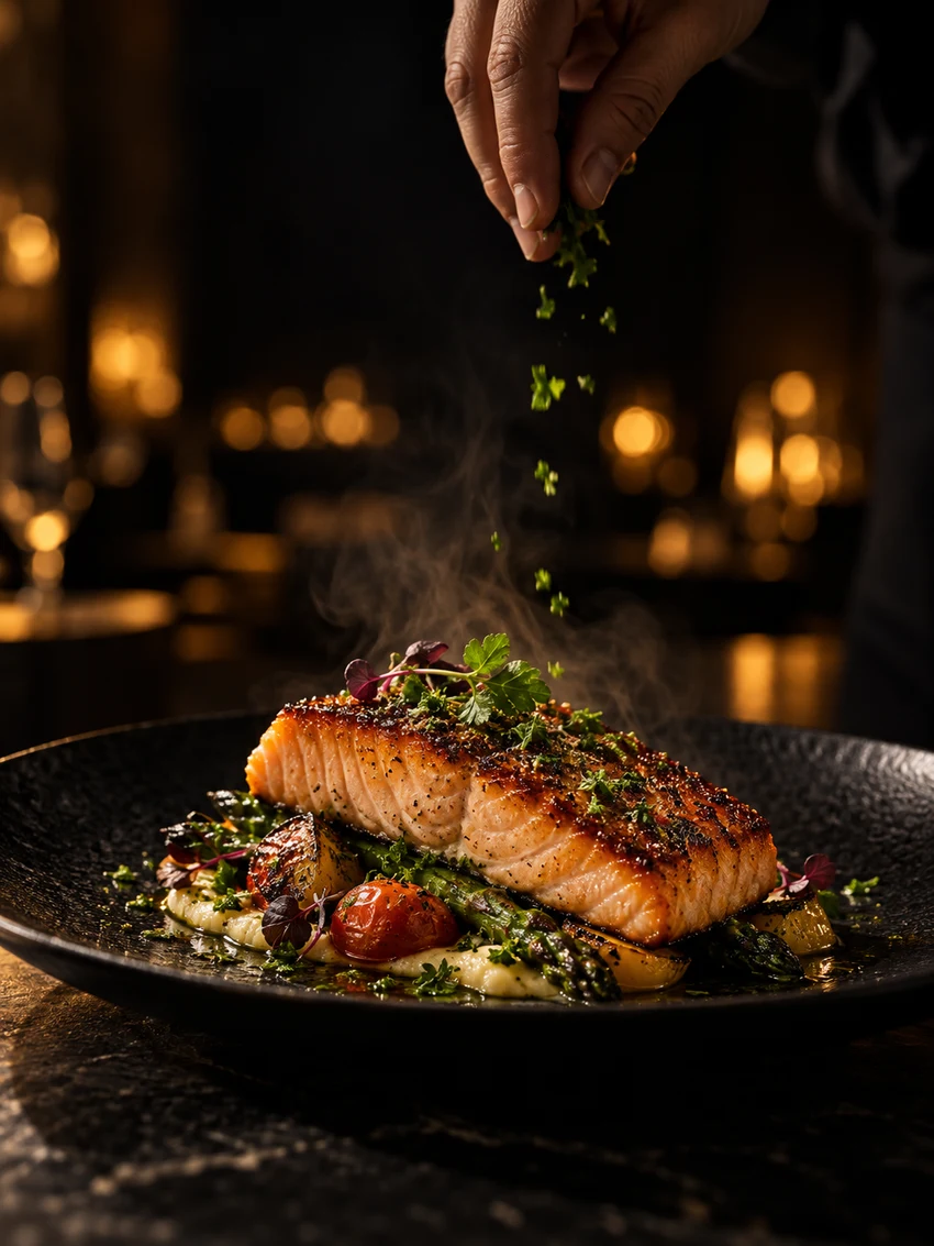 Mano de un chef terminando un plato, con luz cálida y vapor.